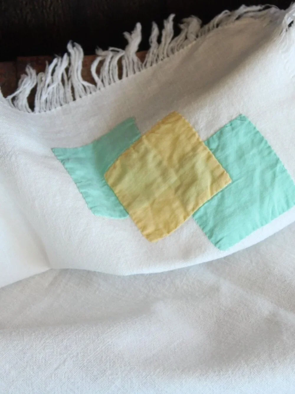 Vintage 1960s Tablecloth, 36 Inch Feedsack With Fringe and Cutwork, Cottage Core